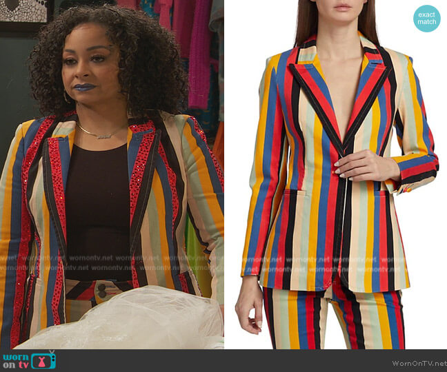 Alice + Olivia Breann Striped Longline Blazer worn by Raven Baxter (Raven-Symoné) on Ravens Home