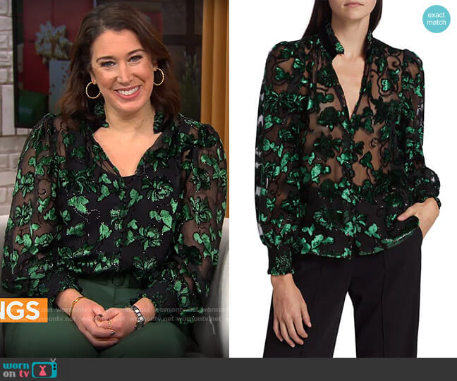 Alice + Olivia Zina Blouse in Black Emerald worn by Sarah Gelman on CBS Mornings