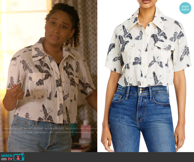 Anine Bing Scout Crane Print Shirt worn by Sophie Suarez (Rosanny Zayas) on The L Word Generation Q