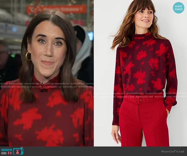 Ann Taylor Ikat Floral Shirred Mock Neck Top worn by Maggie Vespa on Today
