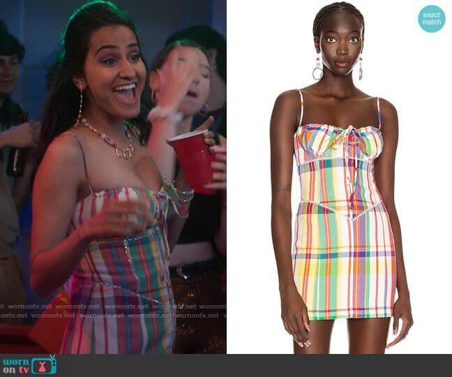 Area Crystal Sweetheart Mini Dress in Rainbow worn by Bela Malhotra (Amrit Kaur) on The Sex Lives of College Girls
