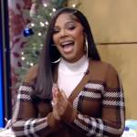 Ashanti’s beige plaid cropped cardigan and skirt on Live with Kelly and Ryan