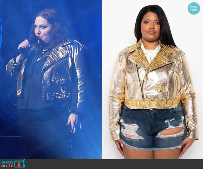 Azalea Wang Gold Finger Studded Moto Jacket worn by Gigi Taylor-Roman (Beth Ditto) on Monarch