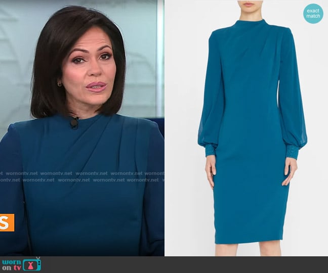Badgley Mischka Collection Pleated Blouson-Sleeve Sheath Dress worn by Tanya Rivero on CBS Mornings