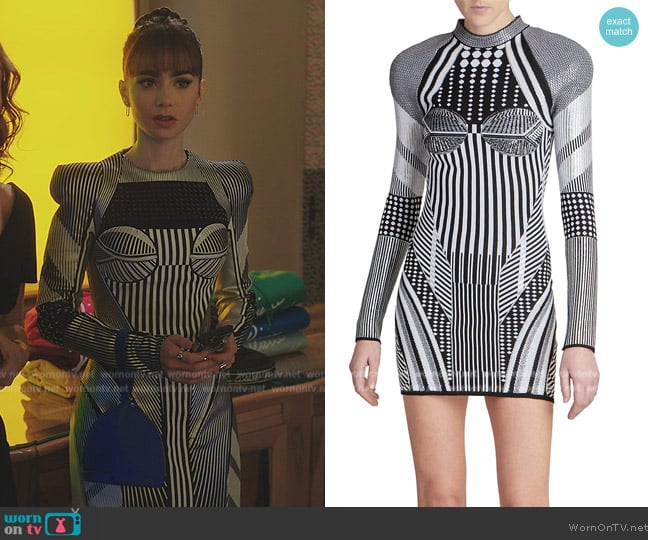 Balmain Jacquard-Knit Pattern Minidress worn by Emily Cooper (Lily Collins) on Emily in Paris