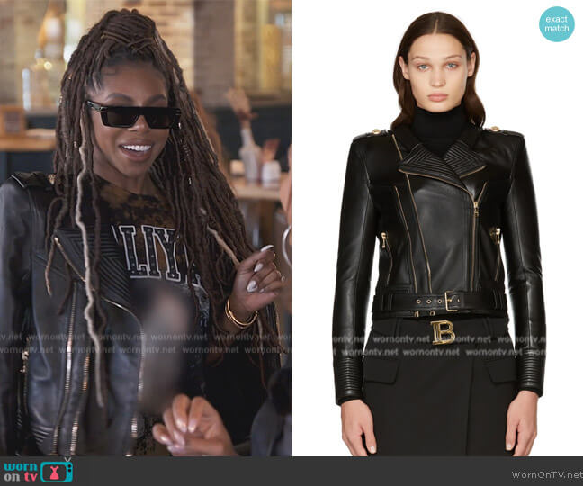 Balmain Black Lambskin Biker Jacket worn by Candiace Dillard Bassett on The Real Housewives of Potomac