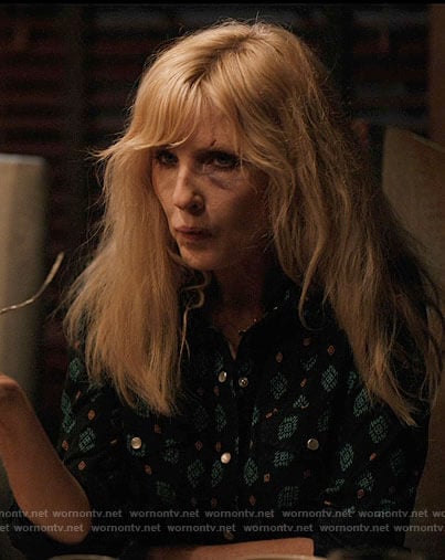 Beth’s black and blue printed shirt on Yellowstone