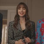 Emily’s black geometric print blazer on Emily in Paris