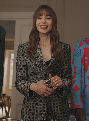 Emily’s black geometric print blazer on Emily in Paris