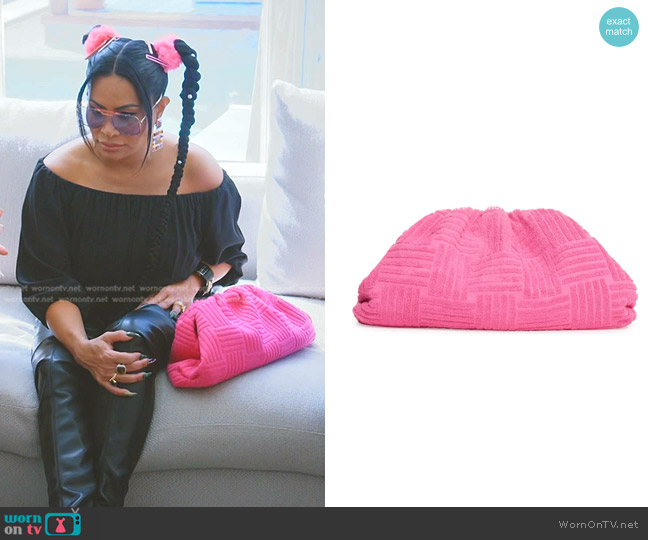Bottega Veneta The Pouch Jacquard Terry Cloth Clutch worn by Jen Shah on The Real Housewives of Salt Lake City