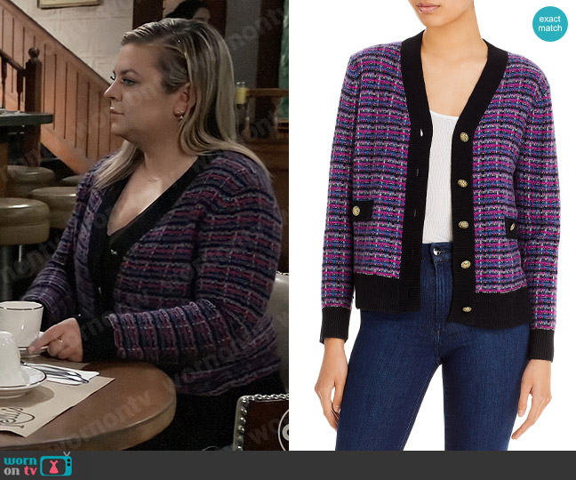 C by Bloomingdales Tweed Contrast Trim Cashmere Cardigan worn by Maxie Jones (Kirsten Storms) on General Hospital