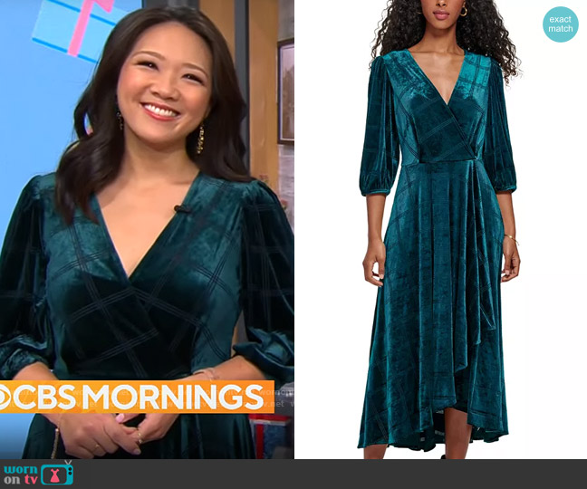 Calvin Klein Velvet Faux Wrap Dress worn by Nancy Chen on CBS Mornings