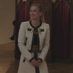 Camille’s white leather trim embellished jacket and skirt on Tyler Perrys Sistas