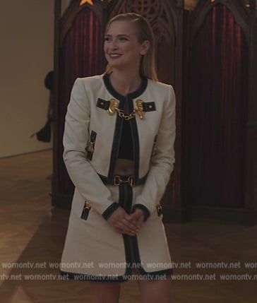 Camille’s white leather trim embellished jacket and skirt on Tyler Perrys Sistas