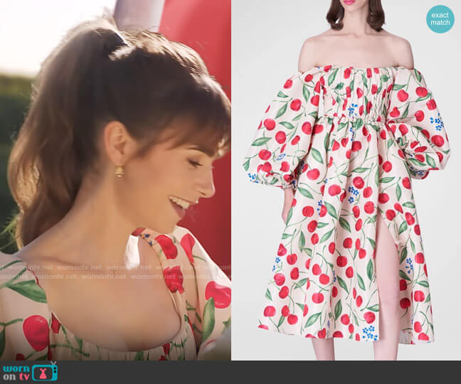 Carolina Herrera Cherry-Print Off-The-Shoulder Balloon-Sleeve Midi Dress worn by Emily Cooper (Lily Collins) on Emily in Paris