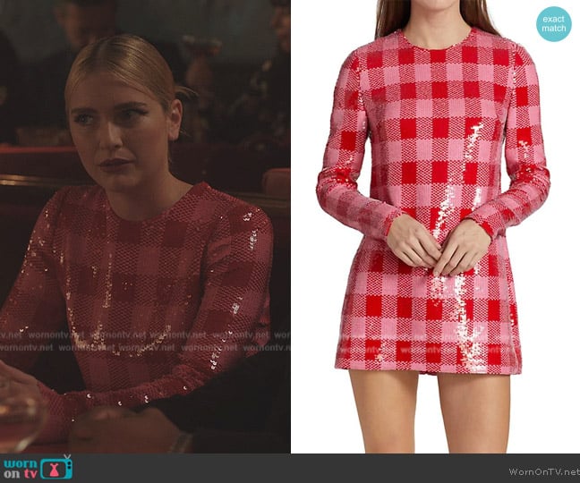 Carolina Herrera Gingham Sequin Shift Minidress worn by Camille (Camille Razat) on Emily in Paris