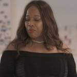 Charrisse Jackson’s black ribbed off shoulder dress on The Real Housewives of Potomac