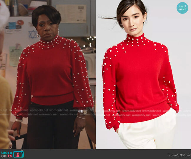 Charter Club Cashmere Imitation-Pearl Embellished Mock-Neck Sweater worn by Barbara Howard (Sheryl Lee Ralph) on Abbott Elementary