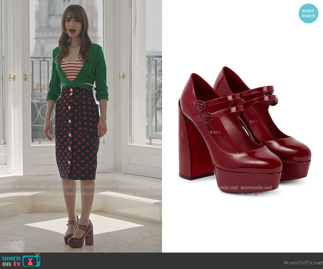 Christian Louboutin Movida Jane 130 patent leather pumps worn by Emily Cooper (Lily Collins) on Emily in Paris