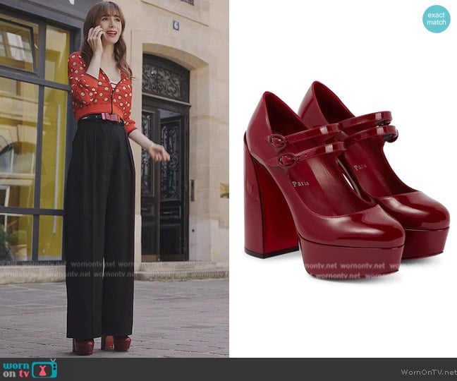Christian Louboutin Movida Jane 130 patent leather pumps worn by Emily Cooper (Lily Collins) on Emily in Paris