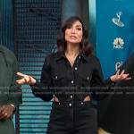Courtney Lopez’s black cutout denim jumpsuit on Access Hollywood