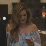 Daphne’s blue and white checked off-shoulder dress on The White Lotus