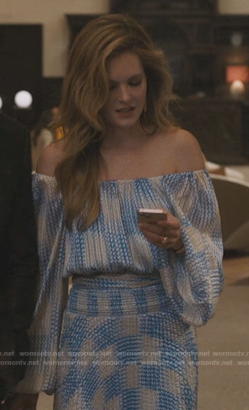 Daphne’s blue and white checked off-shoulder dress on The White Lotus