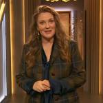 Drew’s navy tie neck blouse and plaid blazer on The Drew Barrymore Show