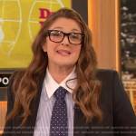 Drew’s black pinstripe blazer and blouse on The Drew Barrymore Show