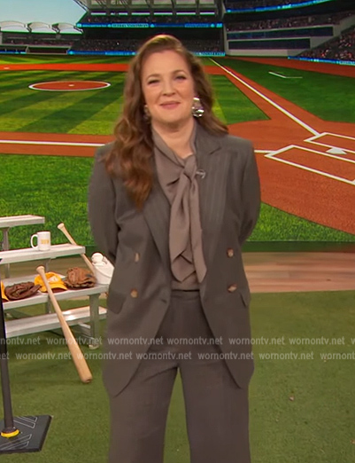 Drew’s gray tie neck blouse on The Drew Barrymore Show