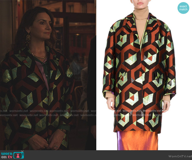 Dries Van Noten Rodel Geometric Lamé Cocoon Coat worn by (Laurence Gormezano) on Emily in Paris