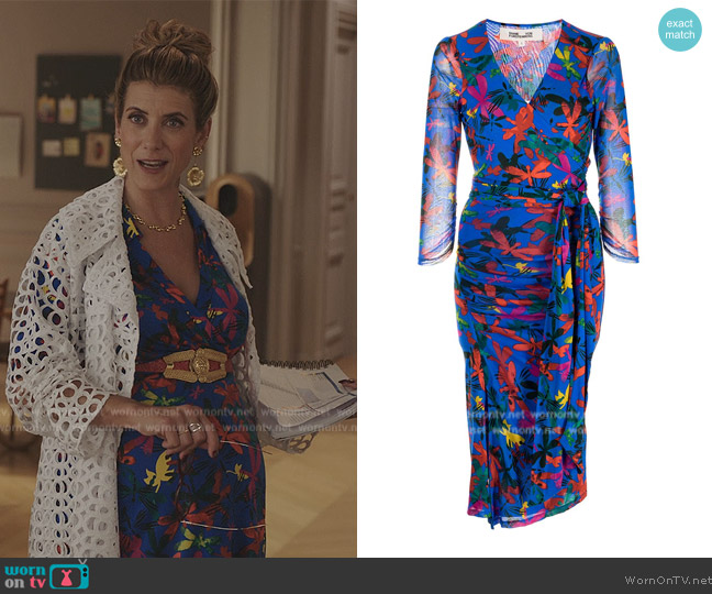 Diane von Furstenberg Lando floral-print wrap midi dress worn by (Kate Walsh) on Emily in Paris