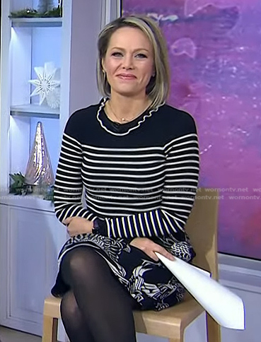 Dylan’s black striped sweater and bird print skirt on Today