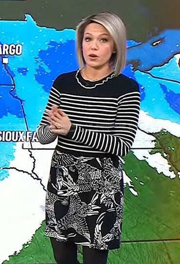 Dylan’s black striped sweater and bird print skirt on Today