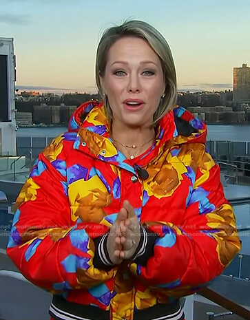 Dylan’s red floral puffer jacket on Today