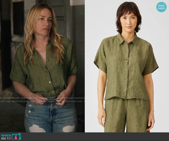 Eileen Fisher Washed Organic Linen Delave Short-Sleeve Shirt in Coriander worn by Summer Higgins (Piper Perabo) on Yellowstone