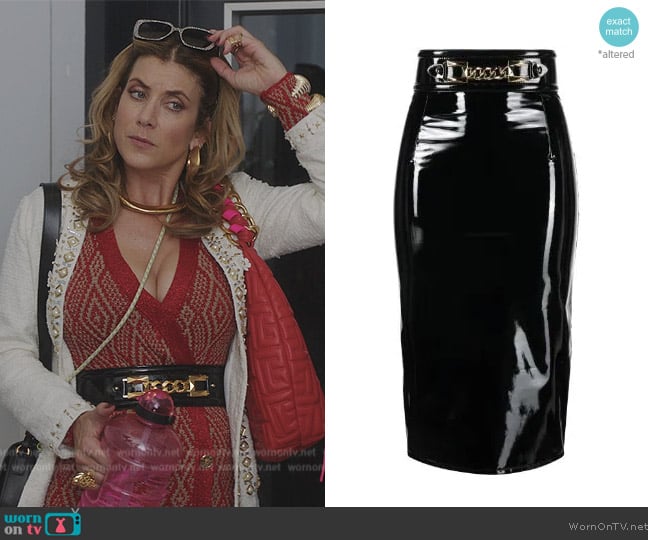 Elisabetta Franchi Belted patent pencil skirt worn by Madeline Wheeler (Kate Walsh) on Emily in Paris
