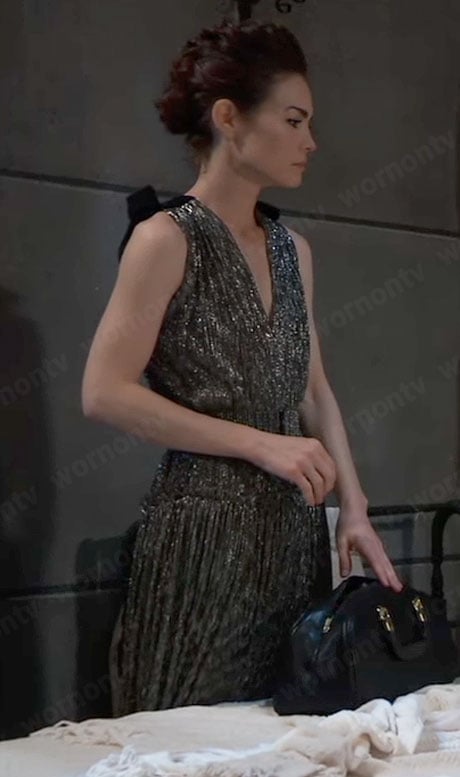 Elizabeth’s metallic v-neck dress on General Hospital
