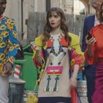 Emily’s printed mini dress and jacket on Emily in Paris