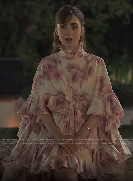 Emily’s pink floral ruffle dress on Emily in Paris Season 3