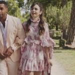 Emily’s pink floral print ruffle dress on Emily in Paris