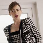 Emily’s fringed houndstooth jacket on Emily in Paris