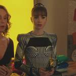 Emily’s silver patterned mini dress on Emily in Paris