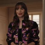 Emily’s metallic pink camo bomber jacket on Emily in Paris