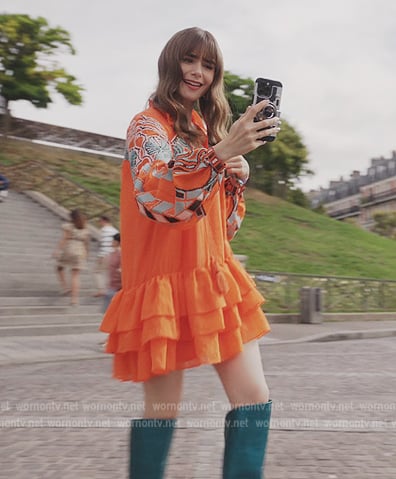 Emily’s orange printed tunic dress on Emily in Paris