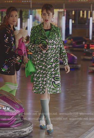 Emily’s green paisley print coat on Emily in Paris