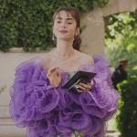Emily’s purple floral ruffle jacket on Emily in Paris