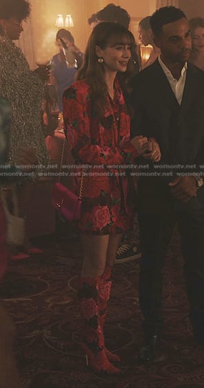Emily’s red rose print shirt and fringed skirt on Emily in Paris