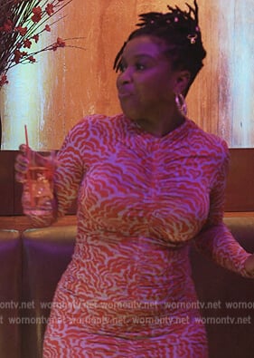 Erika’s pink printed ruched dress on Abbott Elementary