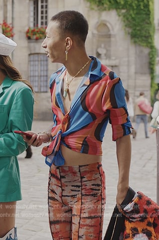 Etienne’s tiger stripe pants on Emily in Paris